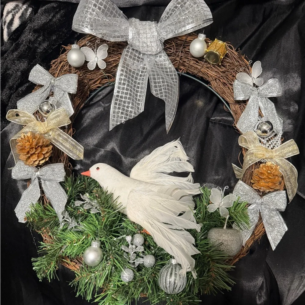 Festive Wreath with White Dove and Silver Accents